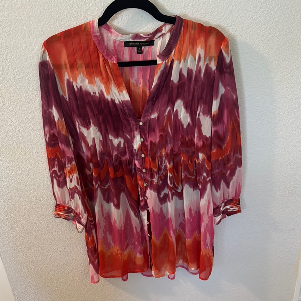 Cynthia Steffe Mandarin Collar Orange Red Blouse